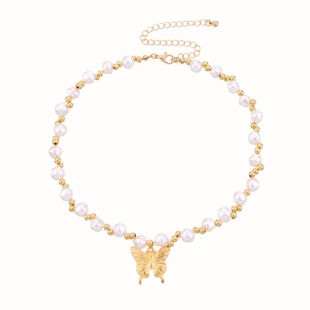 Antique Pearl Chain Necklace With Butterfly Pendant Charms Silvery Neck Jewelry For Women Party Gift Ideas