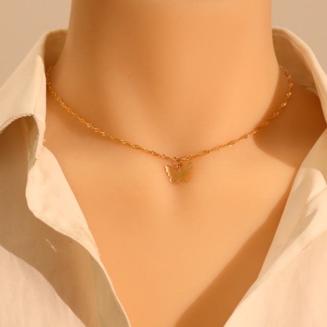 LATS Gold Silver Color Chain Pendant Butterfly Necklace for Women Layered Charm Choker Necklaces Boho Beach Jewelry Gift Cheap