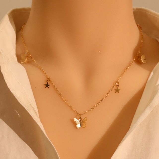 LATS Gold Silver Color Chain Pendant Butterfly Necklace for Women Layered Charm Choker Necklaces Boho Beach Jewelry Gift Cheap