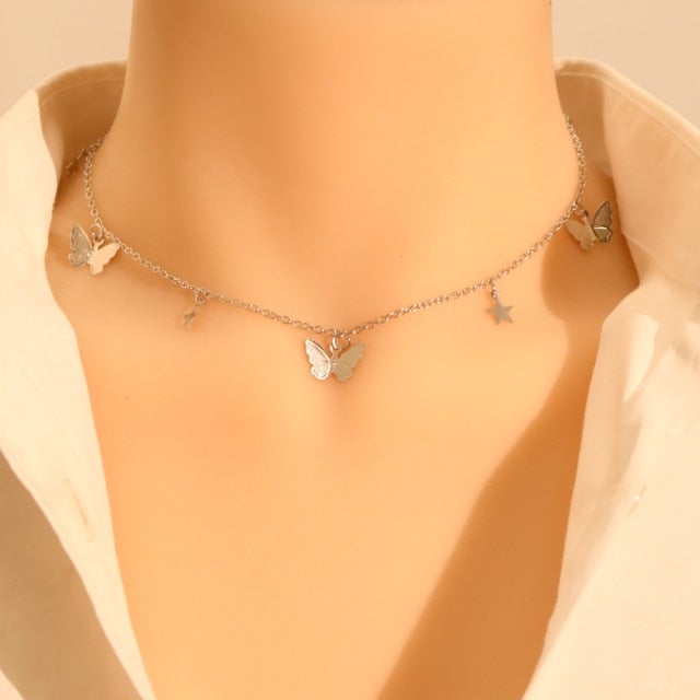 LATS Gold Silver Color Chain Pendant Butterfly Necklace for Women Layered Charm Choker Necklaces Boho Beach Jewelry Gift Cheap