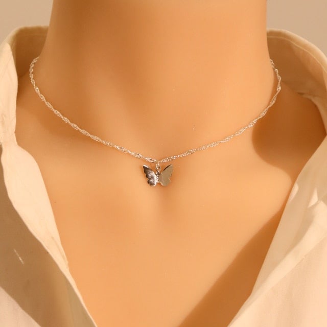 LATS Gold Silver Color Chain Pendant Butterfly Necklace for Women Layered Charm Choker Necklaces Boho Beach Jewelry Gift Cheap