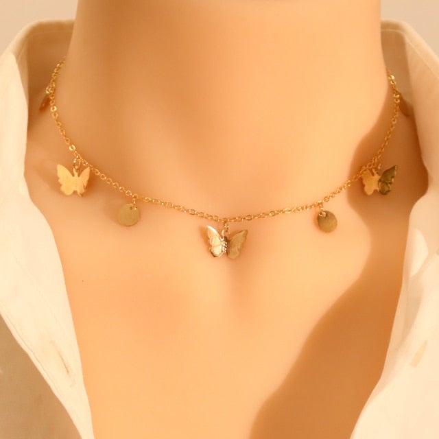 LATS Gold Silver Color Chain Pendant Butterfly Necklace for Women Layered Charm Choker Necklaces Boho Beach Jewelry Gift Cheap