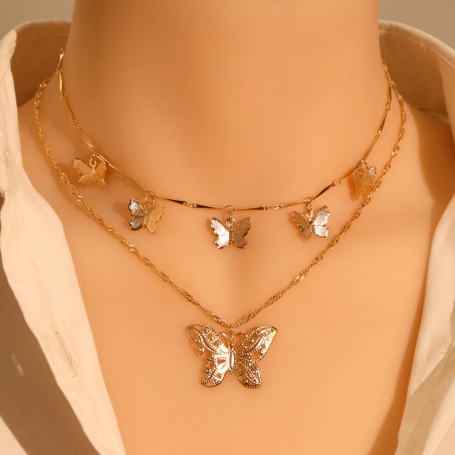 LATS Gold Silver Color Chain Pendant Butterfly Necklace for Women Layered Charm Choker Necklaces Boho Beach Jewelry Gift Cheap