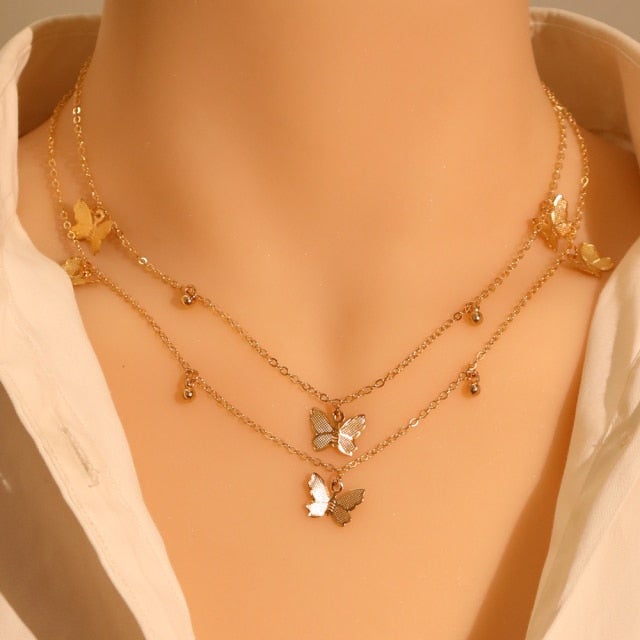 LATS Gold Silver Color Chain Pendant Butterfly Necklace for Women Layered Charm Choker Necklaces Boho Beach Jewelry Gift Cheap