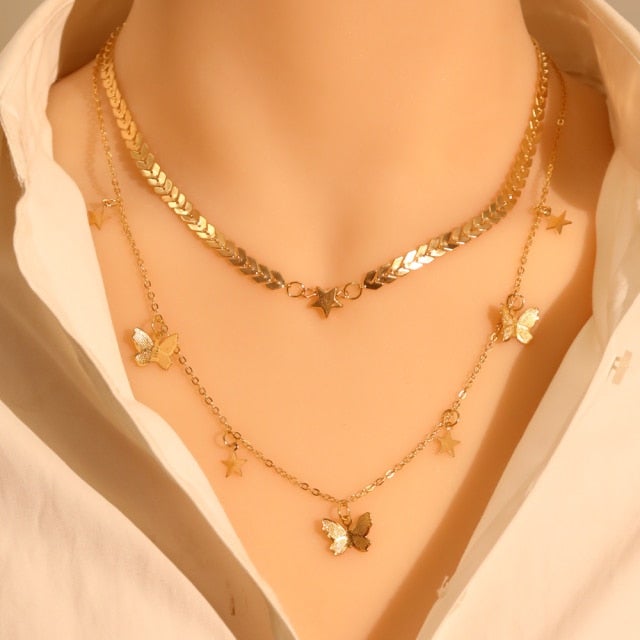LATS Gold Silver Color Chain Pendant Butterfly Necklace for Women Layered Charm Choker Necklaces Boho Beach Jewelry Gift Cheap