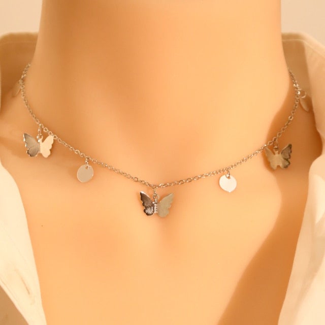 LATS Gold Silver Color Chain Pendant Butterfly Necklace for Women Layered Charm Choker Necklaces Boho Beach Jewelry Gift Cheap