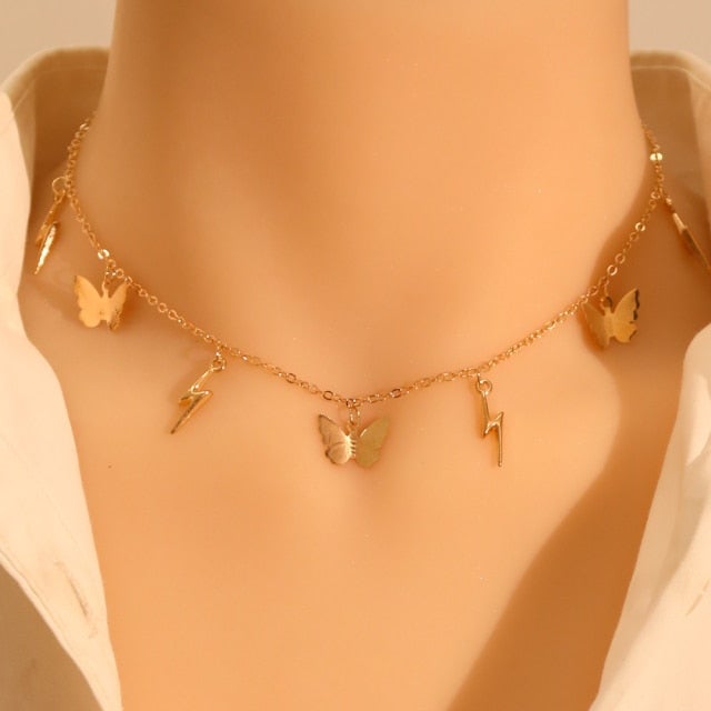LATS Gold Silver Color Chain Pendant Butterfly Necklace for Women Layered Charm Choker Necklaces Boho Beach Jewelry Gift Cheap