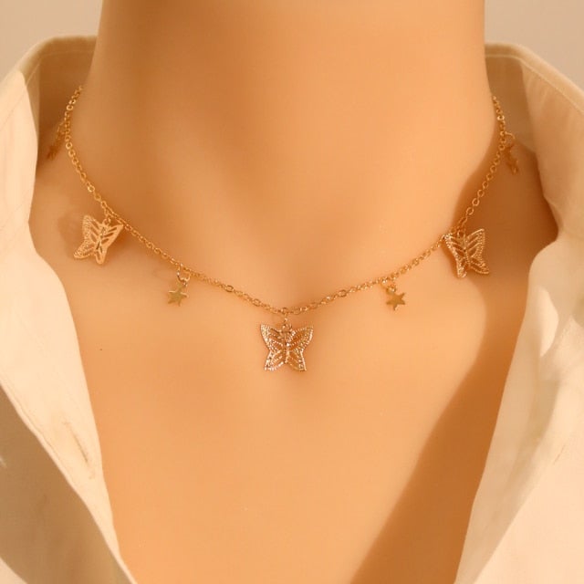 LATS Gold Silver Color Chain Pendant Butterfly Necklace for Women Layered Charm Choker Necklaces Boho Beach Jewelry Gift Cheap