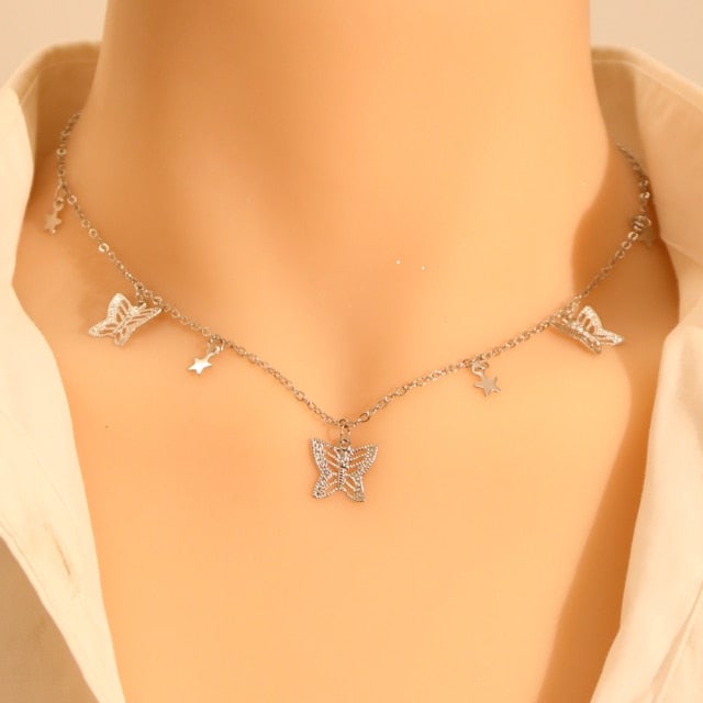 LATS Gold Silver Color Chain Pendant Butterfly Necklace for Women Layered Charm Choker Necklaces Boho Beach Jewelry Gift Cheap