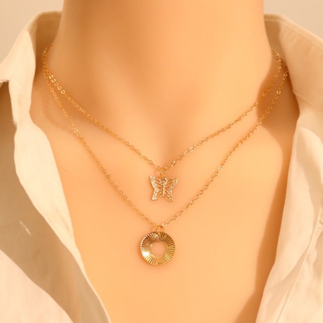 LATS Gold Silver Color Chain Pendant Butterfly Necklace for Women Layered Charm Choker Necklaces Boho Beach Jewelry Gift Cheap