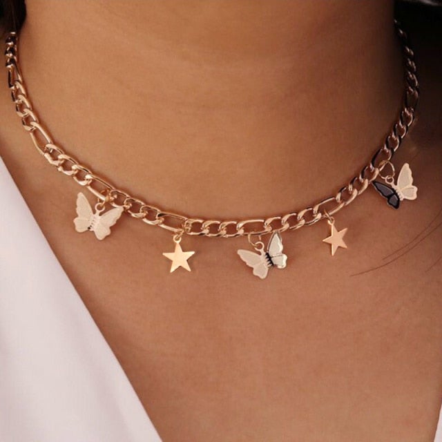 Goth Butterfly Neck Pendants Women's Choker Gold Color Necklace On The Neck Chain Chocker Punk Jewelry 2021 Kpop Collar For Girl