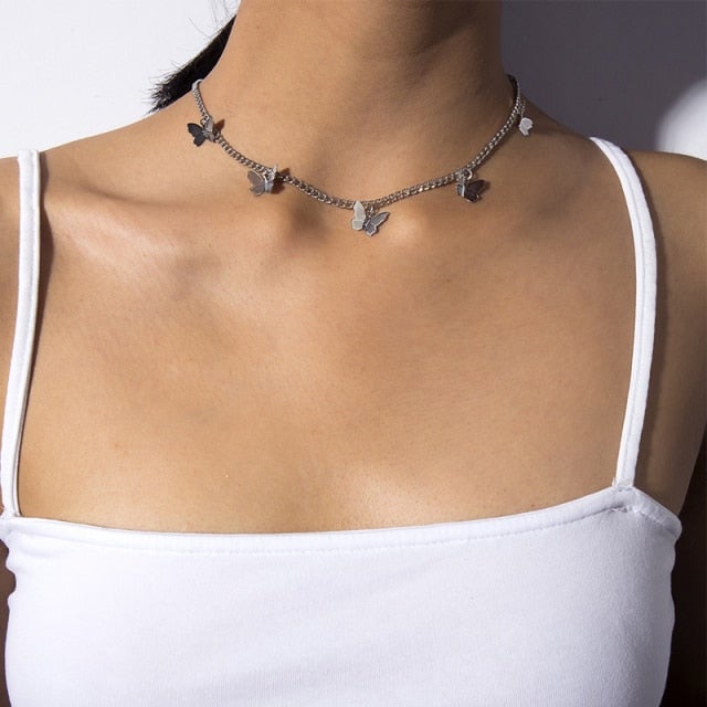 Harajuku Punk Style Butterfly Choker Necklace Jewelry Women Collares Gothic Hip Hop Link Chain Necklace Collares Mujer  Jewlery