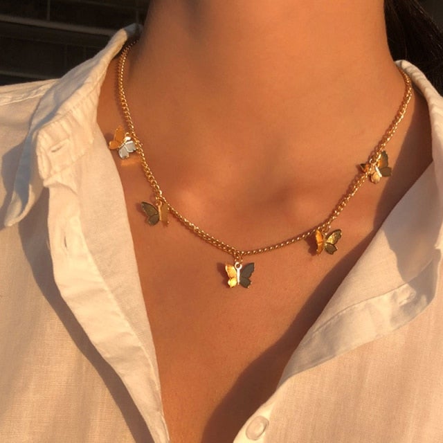 Harajuku Punk Style Butterfly Choker Necklace Jewelry Women Collares Gothic Hip Hop Link Chain Necklace Collares Mujer  Jewlery
