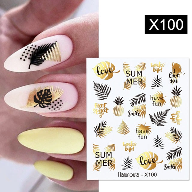 Harunouta Spring Simple Green Theme Water Decal Sticker Flower Leaf Tree Summer DIY Slider For Manicuring Nail Art Watermarks
