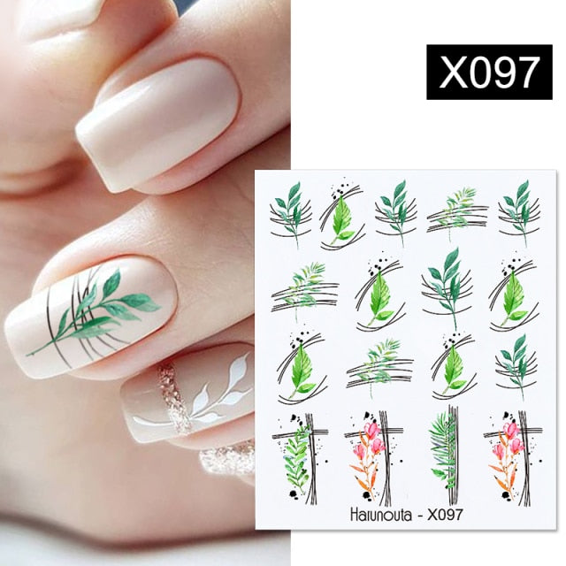 Harunouta Spring Simple Green Theme Water Decal Sticker Flower Leaf Tree Summer DIY Slider For Manicuring Nail Art Watermarks