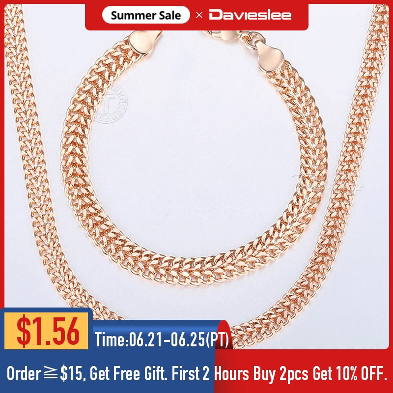 Davieslee Jewelry Sets For Women Men 585 Rose Gold Bracelet Necklace Set Double Cuban Weaving Bismark Chain Jewelry 2021 LCS04