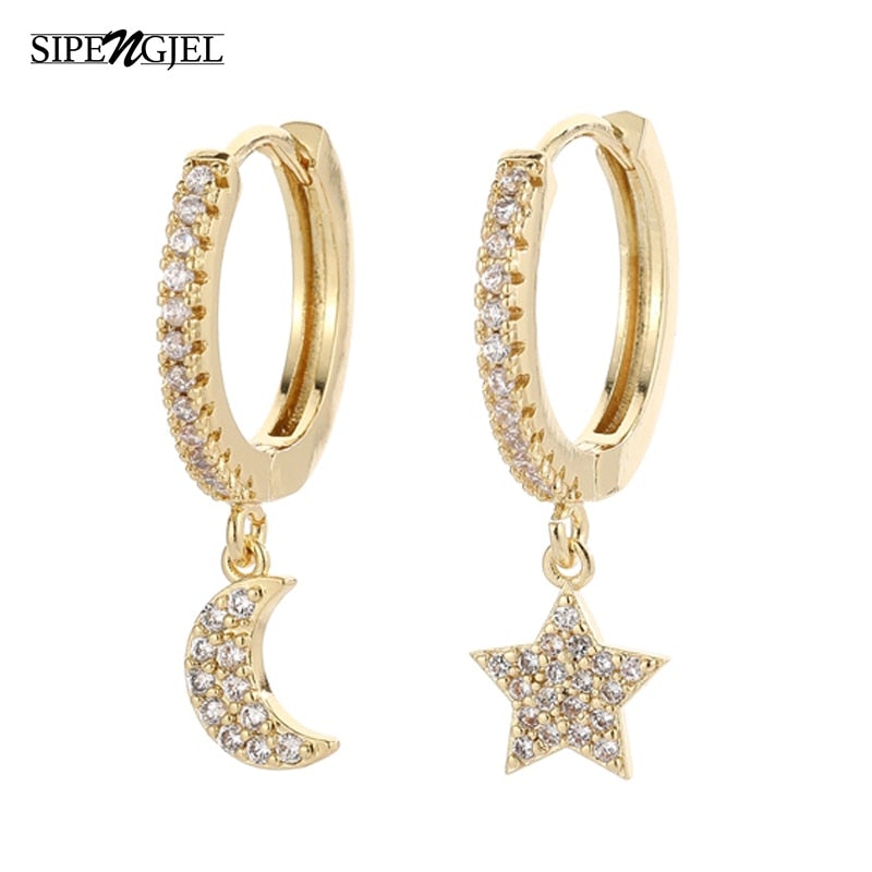 SIPENGJEL Fashion Gold Circle Hoop Earrings For Women Cross Star Moon Eye Drop Dangle Earrings Party Jewelry
