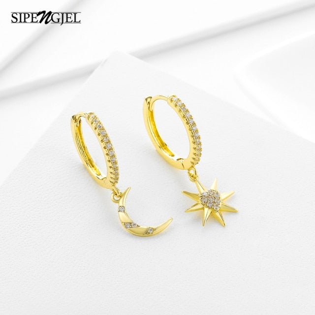 SIPENGJEL Fashion Gold Circle Hoop Earrings For Women Cross Star Moon Eye Drop Dangle Earrings Party Jewelry