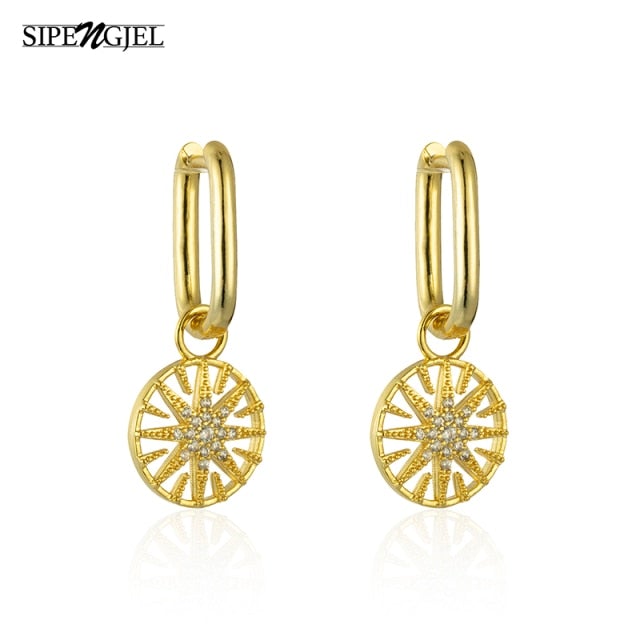SIPENGJEL Fashion Gold Circle Hoop Earrings For Women Cross Star Moon Eye Drop Dangle Earrings Party Jewelry