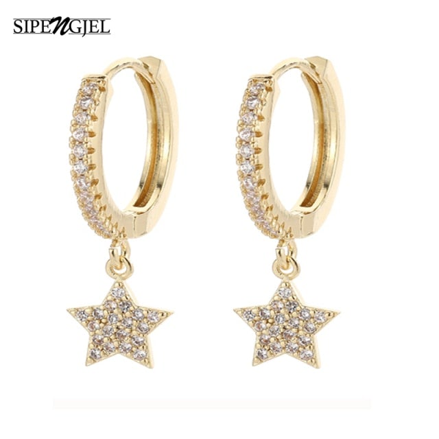 SIPENGJEL Fashion Gold Circle Hoop Earrings For Women Cross Star Moon Eye Drop Dangle Earrings Party Jewelry