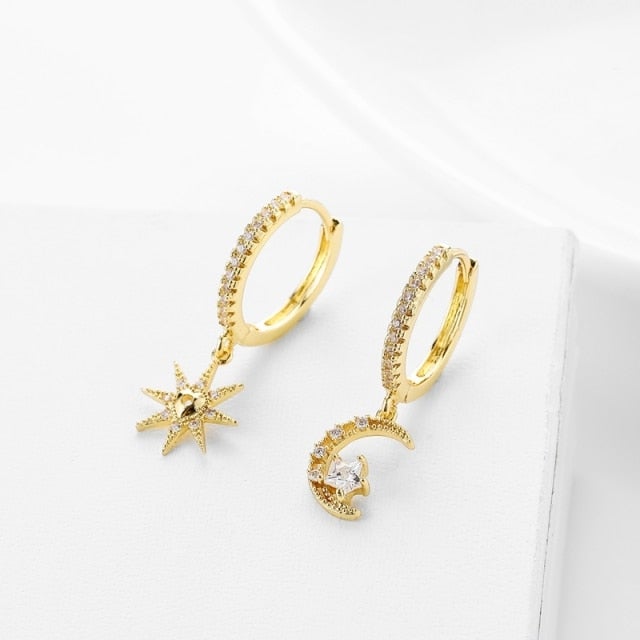 SIPENGJEL Fashion Gold Circle Hoop Earrings For Women Cross Star Moon Eye Drop Dangle Earrings Party Jewelry
