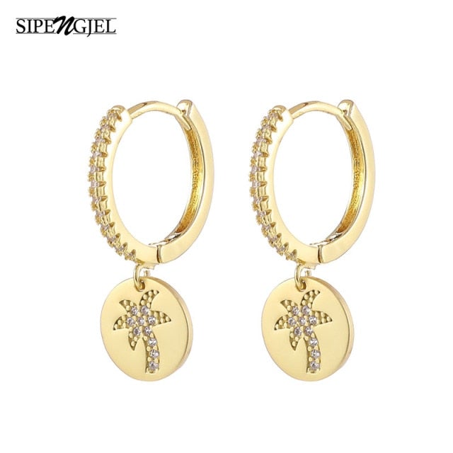 SIPENGJEL Fashion Gold Circle Hoop Earrings For Women Cross Star Moon Eye Drop Dangle Earrings Party Jewelry