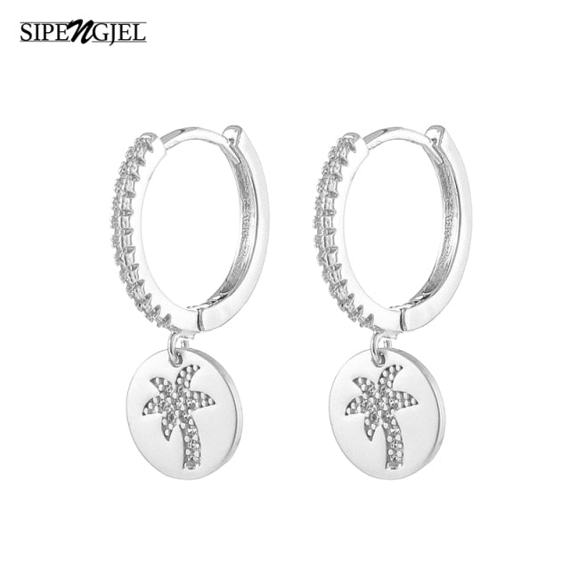 SIPENGJEL Fashion Gold Circle Hoop Earrings For Women Cross Star Moon Eye Drop Dangle Earrings Party Jewelry