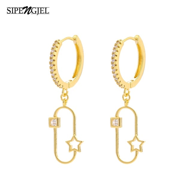 SIPENGJEL Fashion Gold Circle Hoop Earrings For Women Cross Star Moon Eye Drop Dangle Earrings Party Jewelry