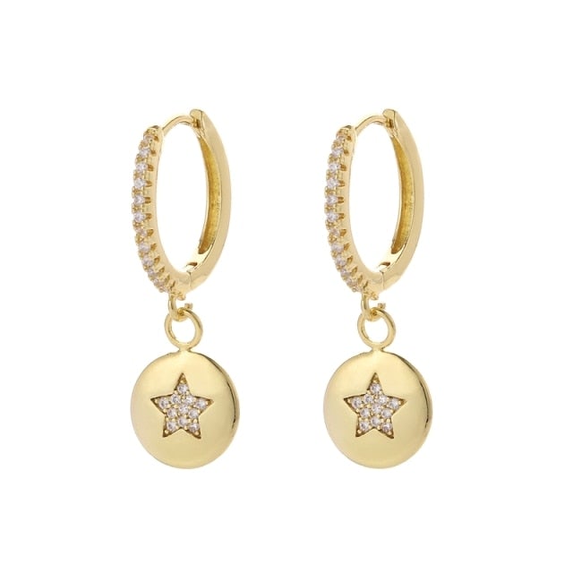 SIPENGJEL Fashion Gold Circle Hoop Earrings For Women Cross Star Moon Eye Drop Dangle Earrings Party Jewelry