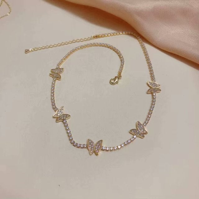 Luxury Cubic Zircon Butterfly Pendant&necklaces for Women Delicate Jewelry 14K Gold Plated Chain Choker Necklaces