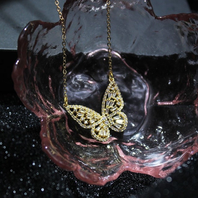Luxury Cubic Zircon Butterfly Pendant&necklaces for Women Delicate Jewelry 14K Gold Plated Chain Choker Necklaces