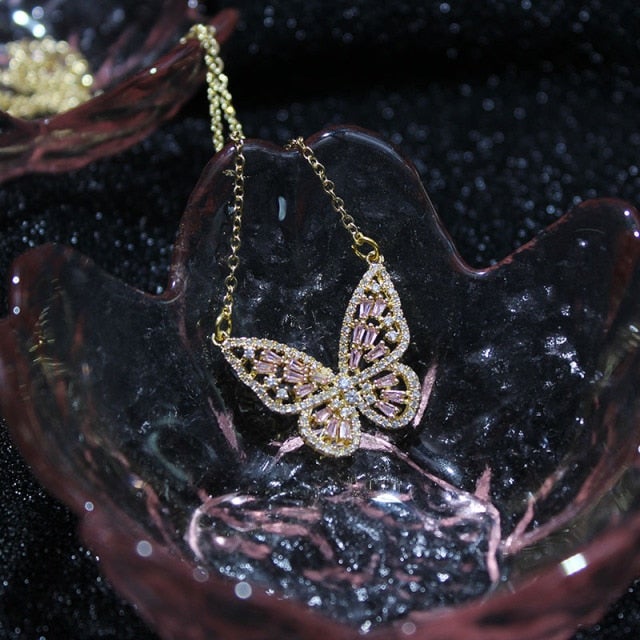 Luxury Cubic Zircon Butterfly Pendant&necklaces for Women Delicate Jewelry 14K Gold Plated Chain Choker Necklaces