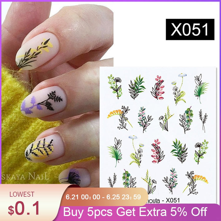 Harunouta Simple Green Flowers Leaves Tree Water Decals Spring Summer Theme Floral Transfer Stickers Slider Nail Art Decoration