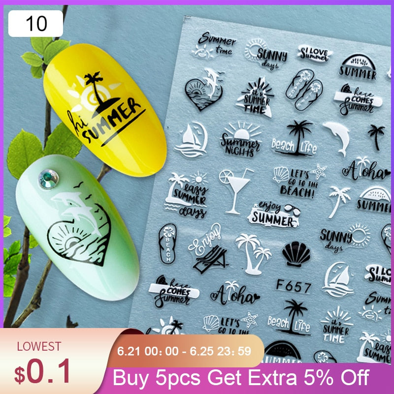 Summer Tropical Beach Coconut Tree Slippers 3D Nail Sticker Leaves Shell Transfer Decals Slider Decoration Manicures