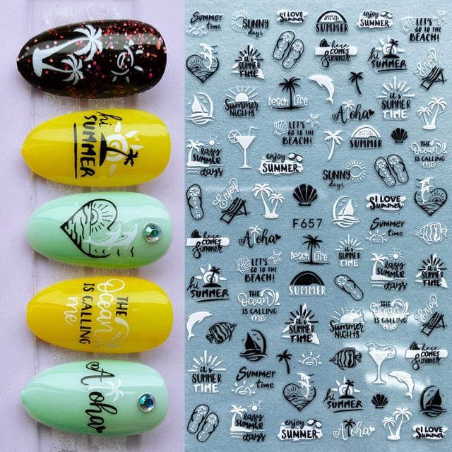 Summer Tropical Beach Coconut Tree Slippers 3D Nail Sticker Leaves Shell Transfer Decals Slider Decoration Manicures