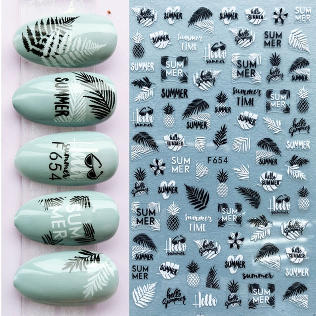 Summer Tropical Beach Coconut Tree Slippers 3D Nail Sticker Leaves Shell Transfer Decals Slider Decoration Manicures