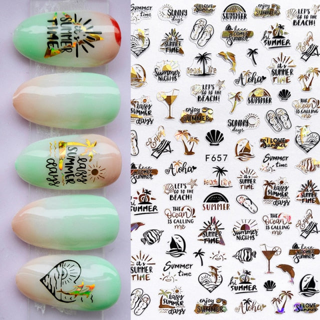 Summer Tropical Beach Coconut Tree Slippers 3D Nail Sticker Leaves Shell Transfer Decals Slider Decoration Manicures