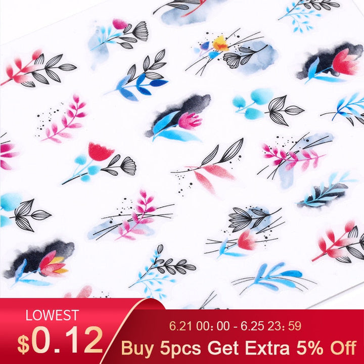 1PC Leaves Flowers Ink Blooming Nail Sticker 3D Geometric Lines Decals Summer DIY Slider For Manicuring Nail Art Watermarks