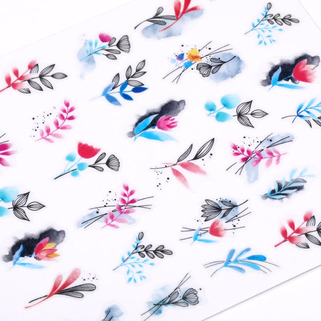 1PC Leaves Flowers Ink Blooming Nail Sticker 3D Geometric Lines Decals Summer DIY Slider For Manicuring Nail Art Watermarks