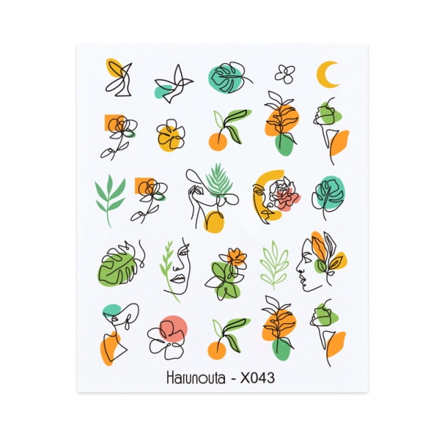 1PC Leaves Flowers Ink Blooming Nail Sticker 3D Geometric Lines Decals Summer DIY Slider For Manicuring Nail Art Watermarks