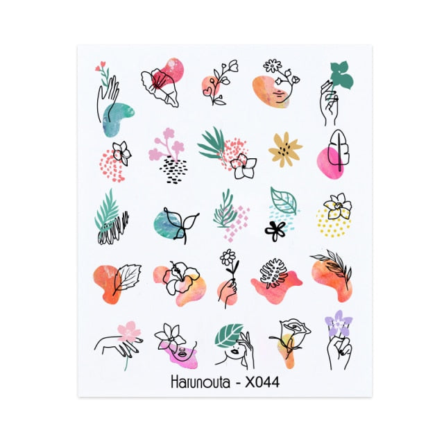 1PC Leaves Flowers Ink Blooming Nail Sticker 3D Geometric Lines Decals Summer DIY Slider For Manicuring Nail Art Watermarks