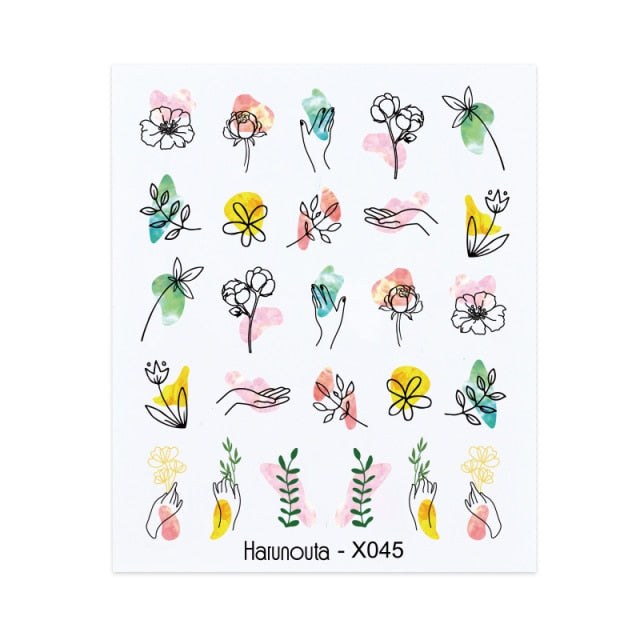 1PC Leaves Flowers Ink Blooming Nail Sticker 3D Geometric Lines Decals Summer DIY Slider For Manicuring Nail Art Watermarks