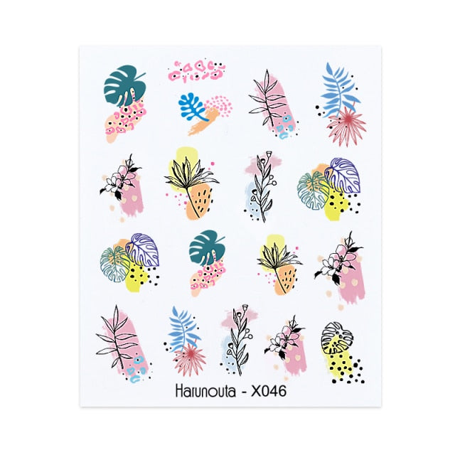 1PC Leaves Flowers Ink Blooming Nail Sticker 3D Geometric Lines Decals Summer DIY Slider For Manicuring Nail Art Watermarks