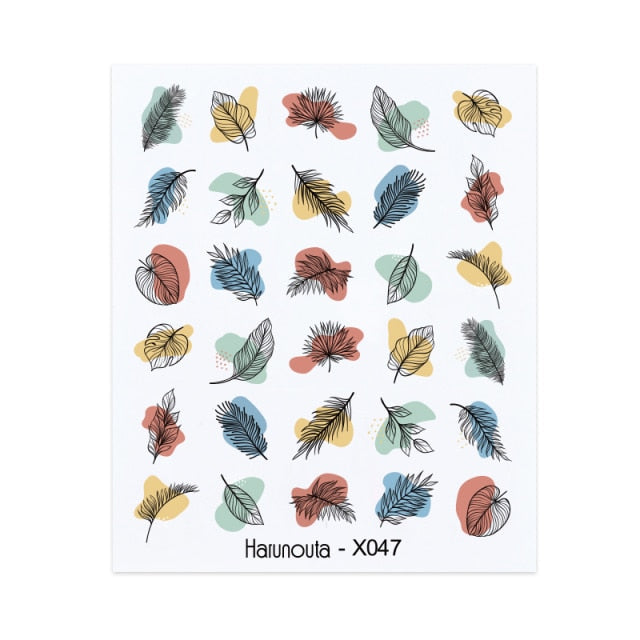 1PC Leaves Flowers Ink Blooming Nail Sticker 3D Geometric Lines Decals Summer DIY Slider For Manicuring Nail Art Watermarks