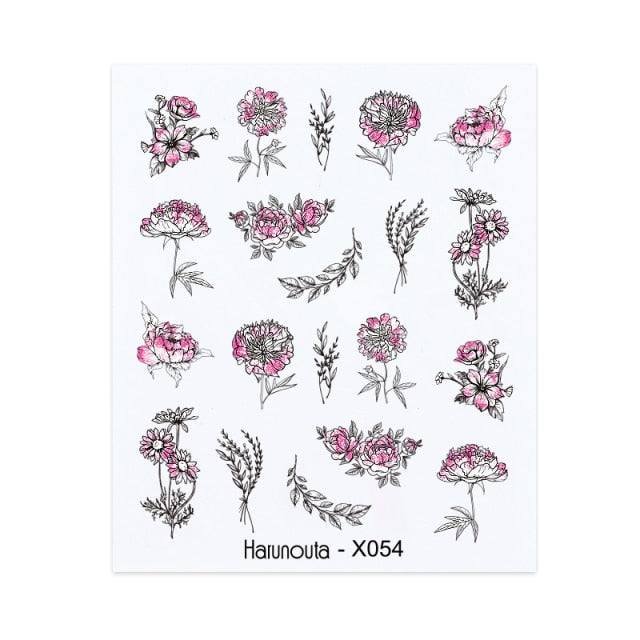 1PC Leaves Flowers Ink Blooming Nail Sticker 3D Geometric Lines Decals Summer DIY Slider For Manicuring Nail Art Watermarks