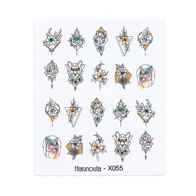 1PC Leaves Flowers Ink Blooming Nail Sticker 3D Geometric Lines Decals Summer DIY Slider For Manicuring Nail Art Watermarks
