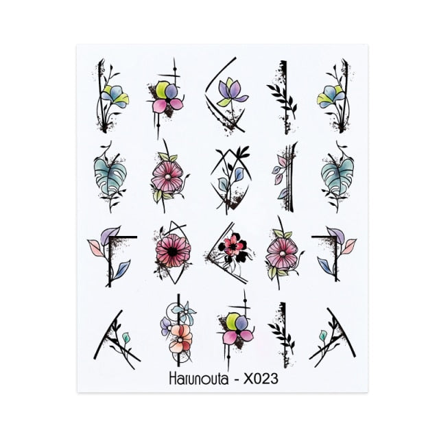 1PC Leaves Flowers Ink Blooming Nail Sticker 3D Geometric Lines Decals Summer DIY Slider For Manicuring Nail Art Watermarks
