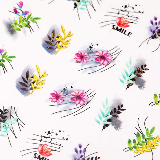 1PC Leaves Flowers Ink Blooming Nail Sticker 3D Geometric Lines Decals Summer DIY Slider For Manicuring Nail Art Watermarks