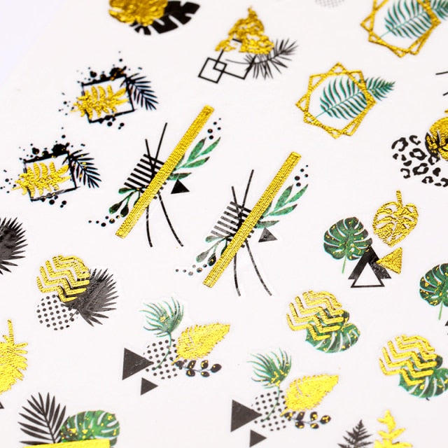1PC Leaves Flowers Ink Blooming Nail Sticker 3D Geometric Lines Decals Summer DIY Slider For Manicuring Nail Art Watermarks