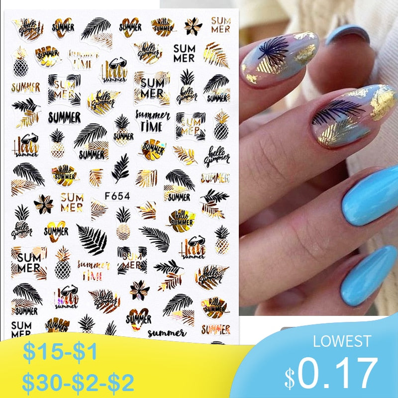 Gold Silver 3D DIY Sticker Leaf Leaves Flower Stickers for Nails Laser Holpgraphics Transfer Decal Spring Summer Series Slider